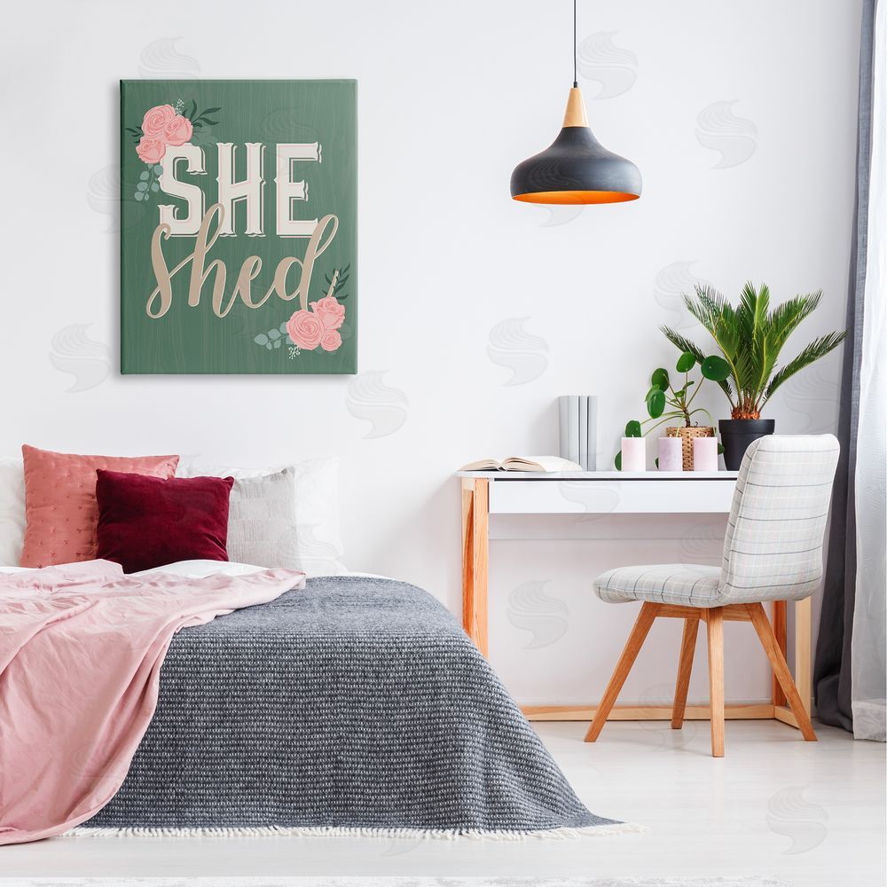 Angela Nickeas She Shed Floral Pink Rose Calligraphy Sign Canvas Wall Art Print in Room