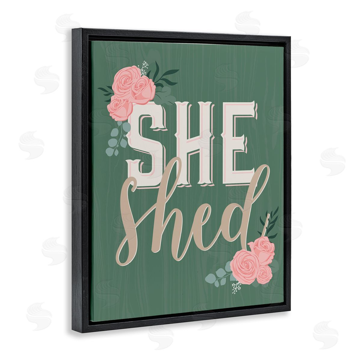 Angela Nickeas She Shed Floral Pink Rose Calligraphy Sign Black Floating Frame Canvas Wall Art Print
