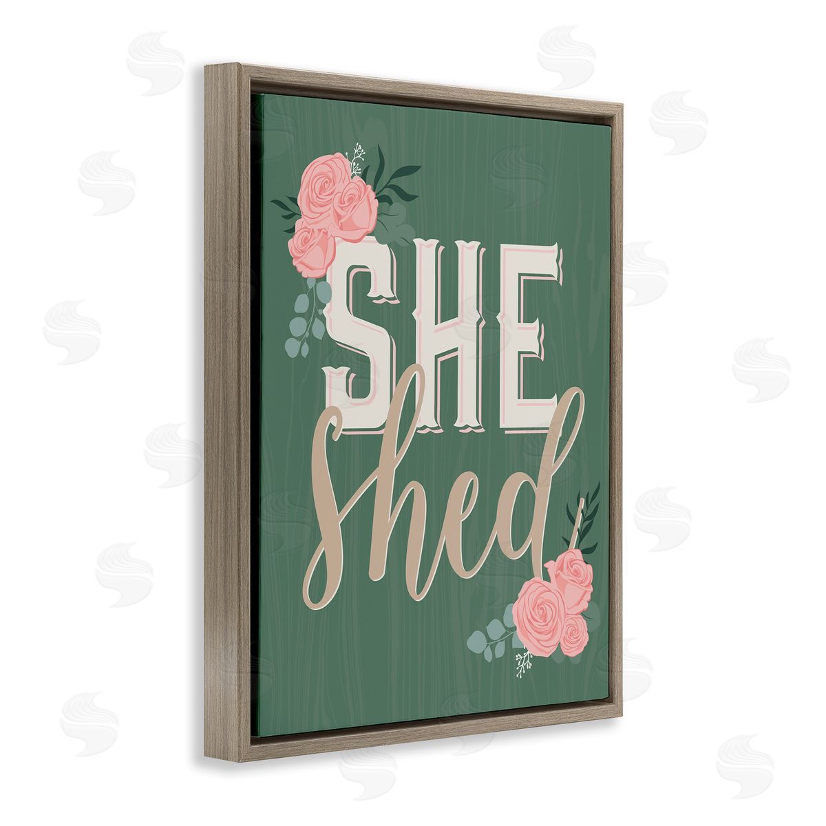 Angela Nickeas She Shed Floral Pink Rose Calligraphy Sign Brown Floating Frame Canvas Wall Art Print