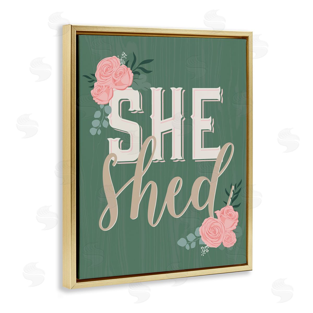 Angela Nickeas She Shed Floral Pink Rose Calligraphy Sign Gold Floating Frame Canvas Wall Art Print