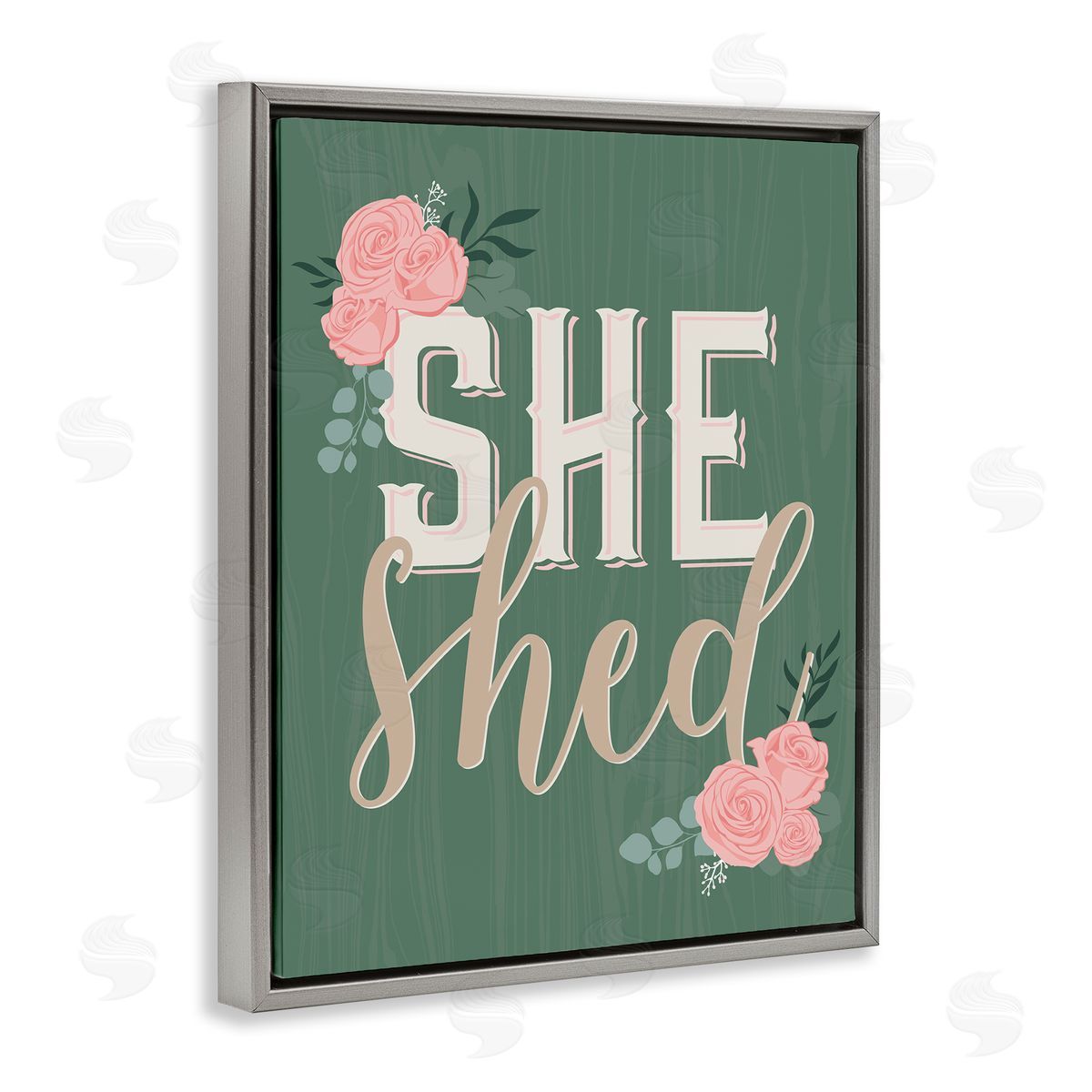 Angela Nickeas She Shed Floral Pink Rose Calligraphy Sign Gray Floating Frame Canvas Wall Art Print