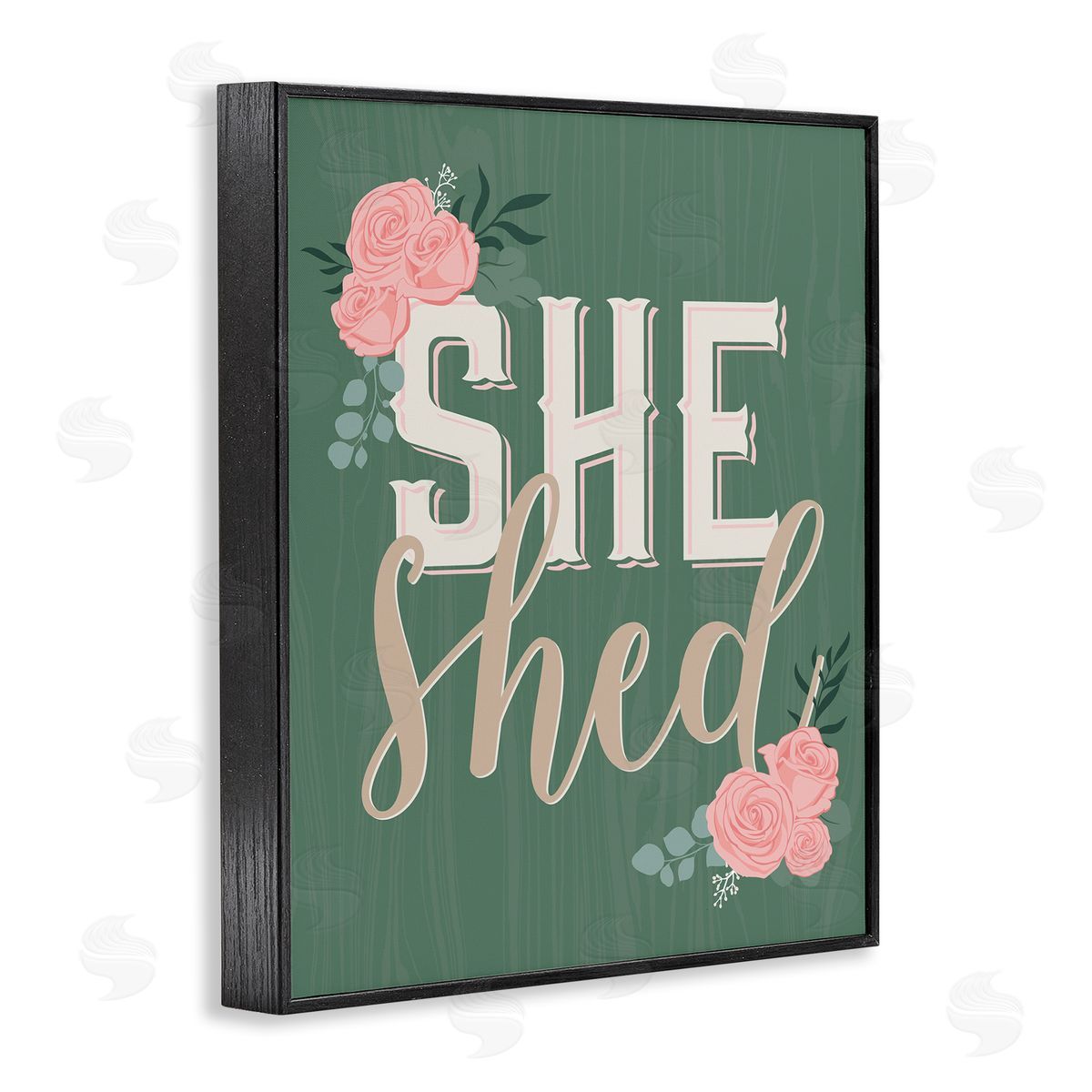 Angela Nickeas She Shed Floral Pink Rose Calligraphy Sign Black Framed Giclee Wall Art Print