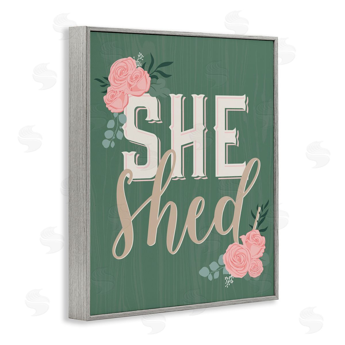 Angela Nickeas She Shed Floral Pink Rose Calligraphy Sign Gray Framed Giclee Wall Art Print