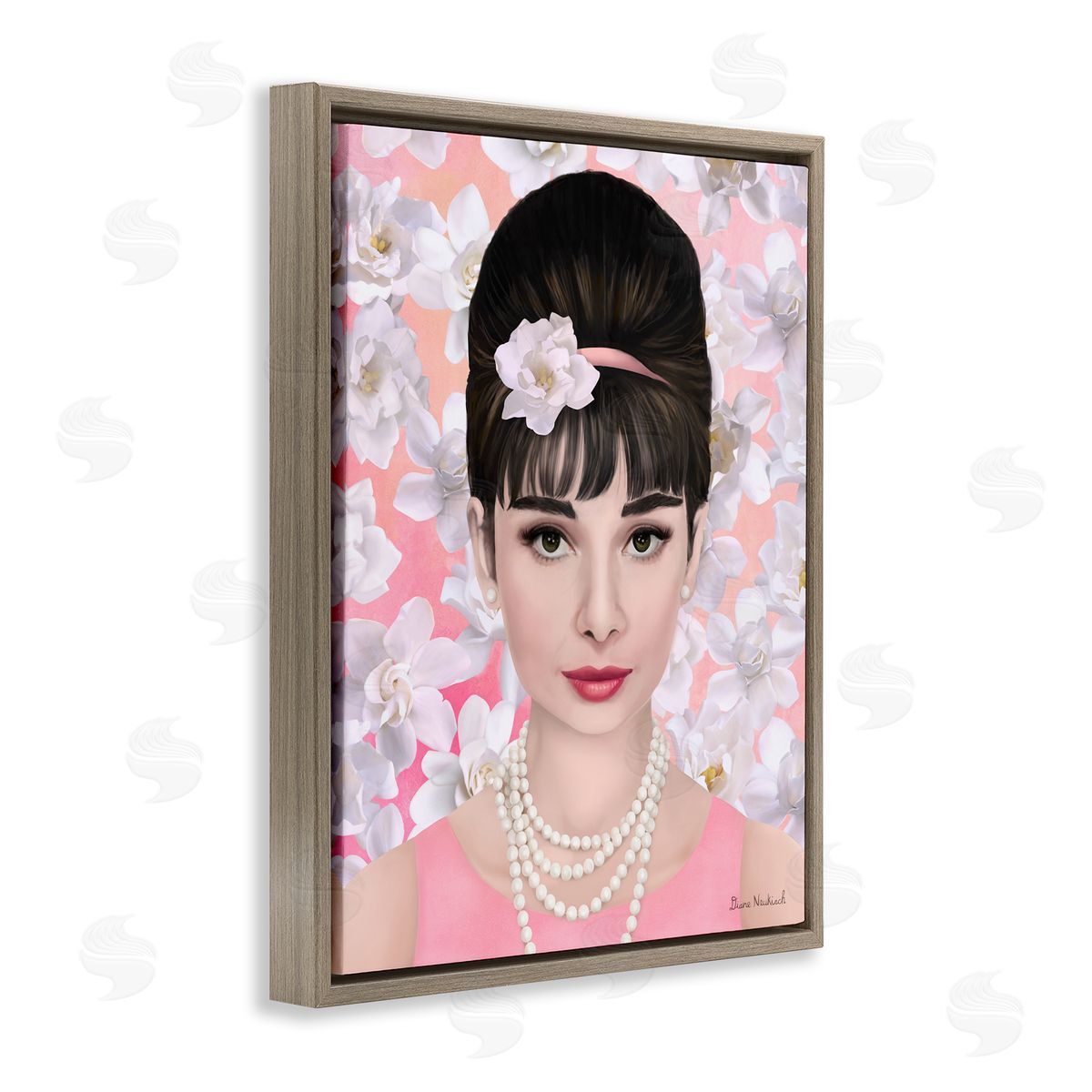 Diane Neukirch Audrey Hepburn Polished Fashion Accessories Floral Pattern Brown Floating Frame Canvas Wall Art Print