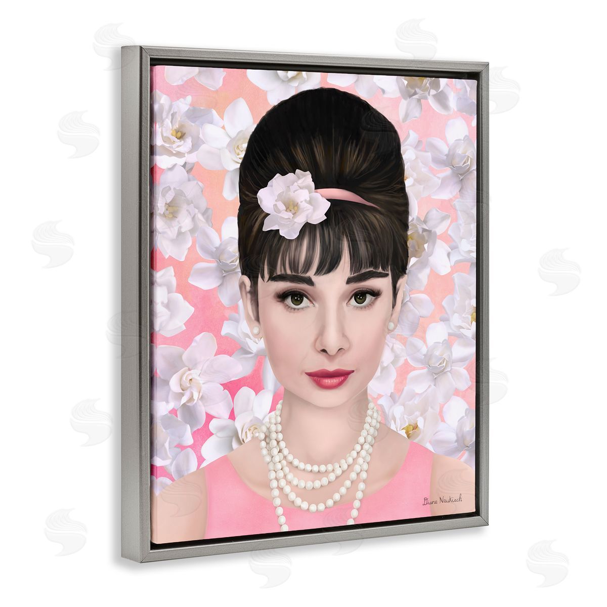 Diane Neukirch Audrey Hepburn Polished Fashion Accessories Floral Pattern Gray Floating Frame Canvas Wall Art Print