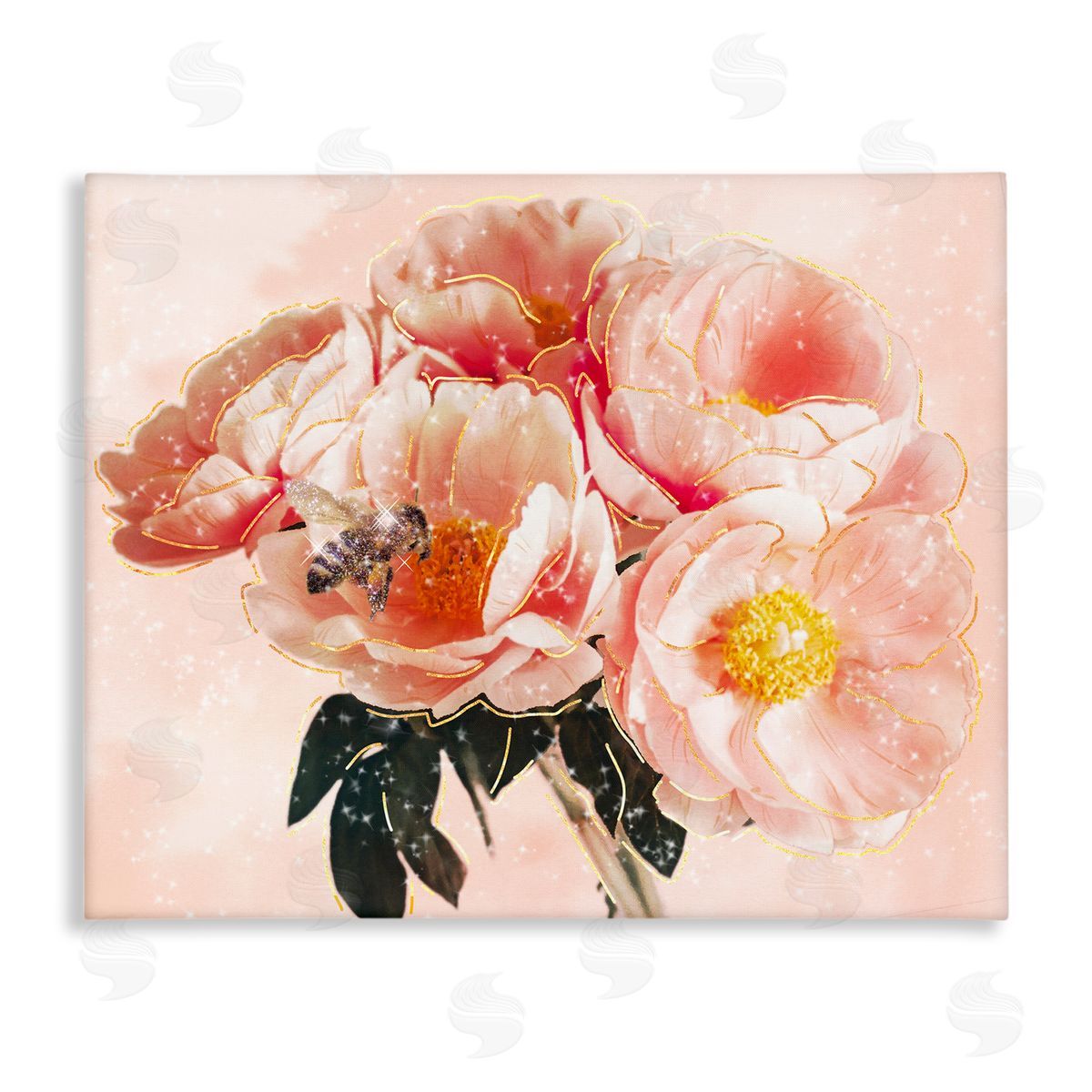 Ziwei Li Shimmering Bumble Bee Trendy Pink Glam Flowers Stretched Canvas Wall Art Print