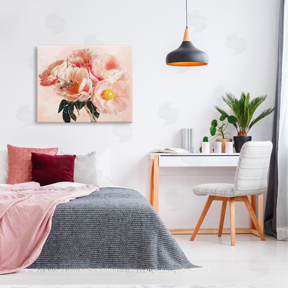 Ziwei Li Shimmering Bumble Bee Trendy Pink Glam Flowers Canvas Wall Art Print in Room