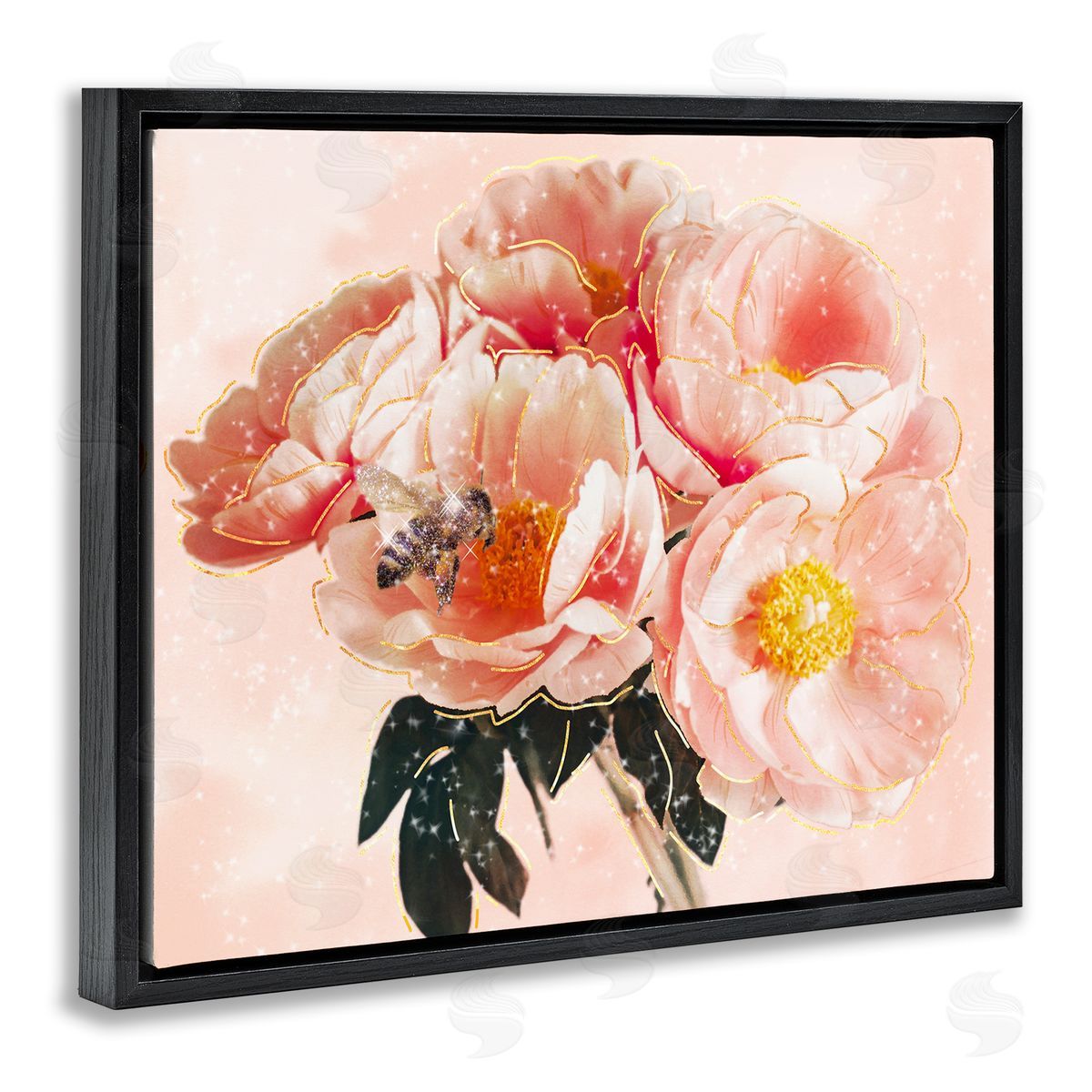 Ziwei Li Shimmering Bumble Bee Trendy Pink Glam Flowers Black Floating Frame Canvas Wall Art Print