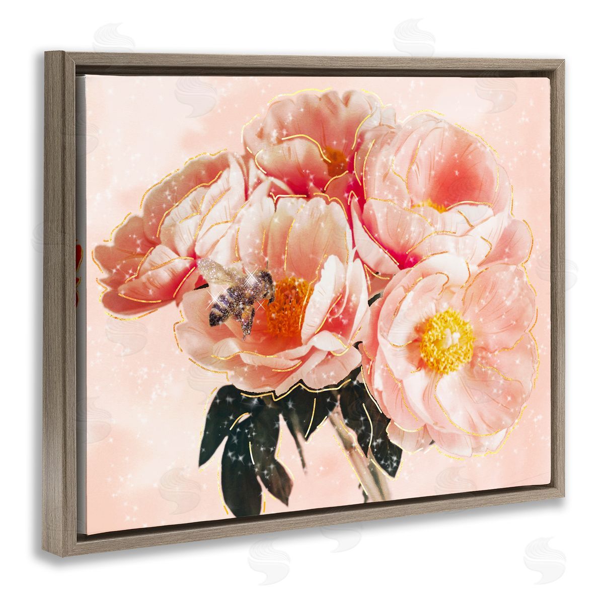 Ziwei Li Shimmering Bumble Bee Trendy Pink Glam Flowers Brown Floating Frame Canvas Wall Art Print
