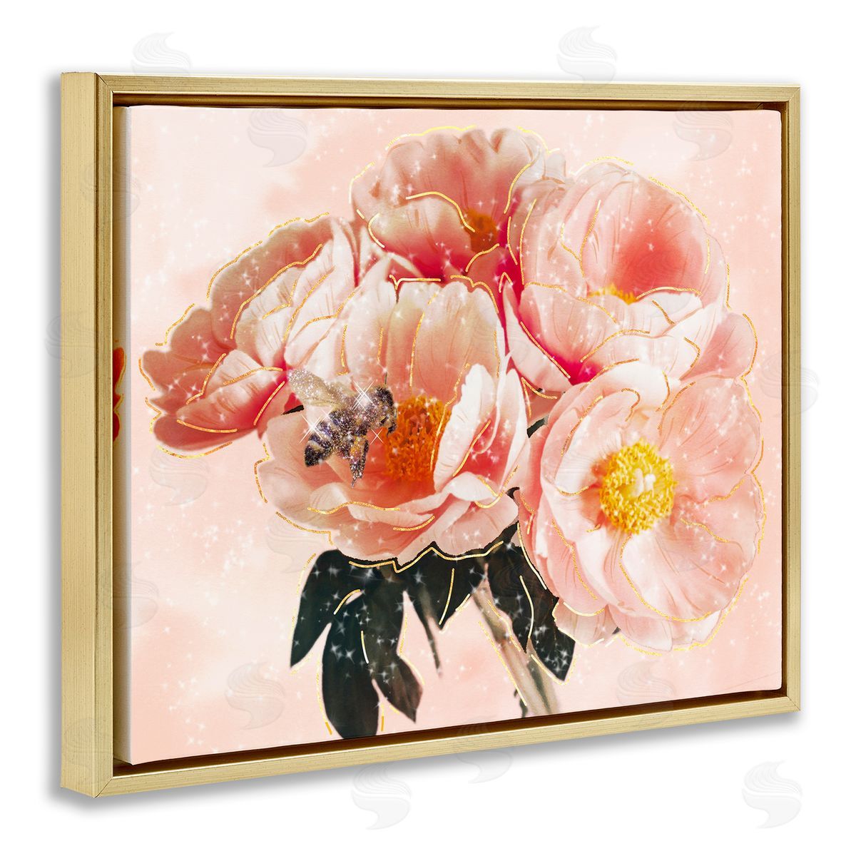 Ziwei Li Shimmering Bumble Bee Trendy Pink Glam Flowers Gold Floating Frame Canvas Wall Art Print