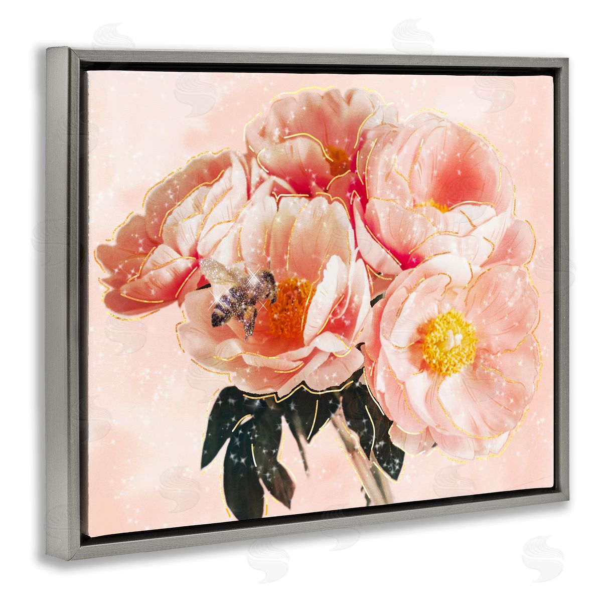 Ziwei Li Shimmering Bumble Bee Trendy Pink Glam Flowers Gray Floating Frame Canvas Wall Art Print