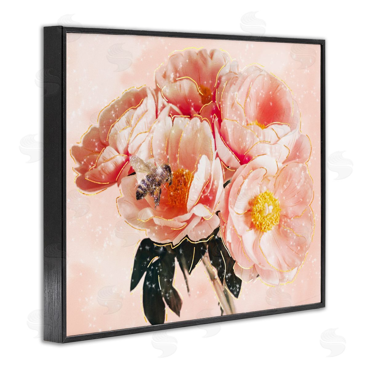 Ziwei Li Shimmering Bumble Bee Trendy Pink Glam Flowers Black Framed Giclee Wall Art Print