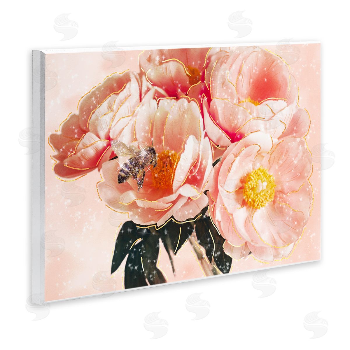 Ziwei Li Shimmering Bumble Bee Trendy Pink Glam Flowers Wall Plaque Art Print