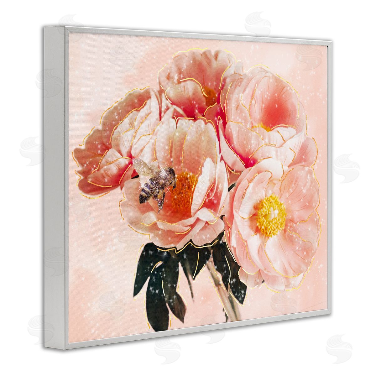 Ziwei Li Shimmering Bumble Bee Trendy Pink Glam Flowers White Framed Giclee Wall Art Print