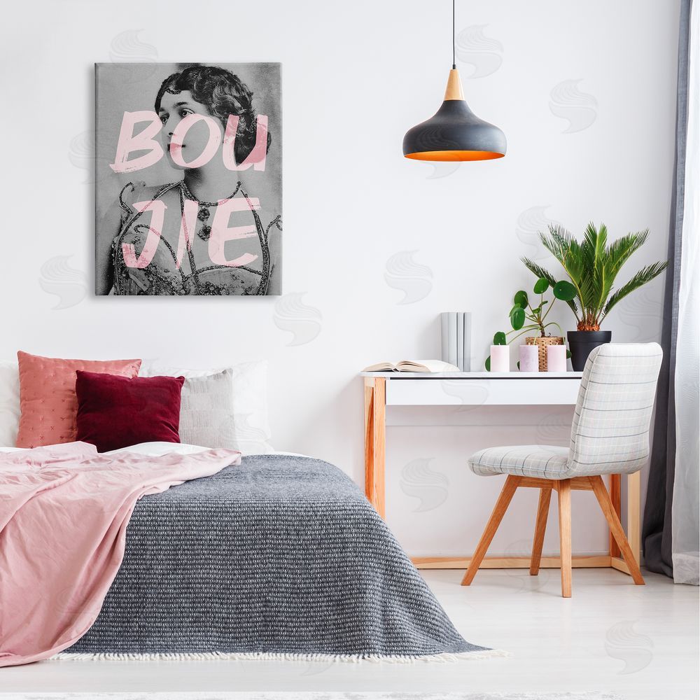Stupell Studio Boujie Vintage Woman Portrait Trendy Pink Text Canvas Wall Art Print in Room
