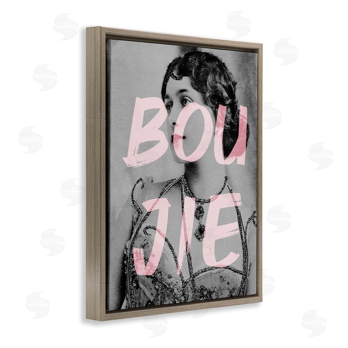 Stupell Studio Boujie Vintage Woman Portrait Trendy Pink Text Brown Floating Frame Canvas Wall Art Print