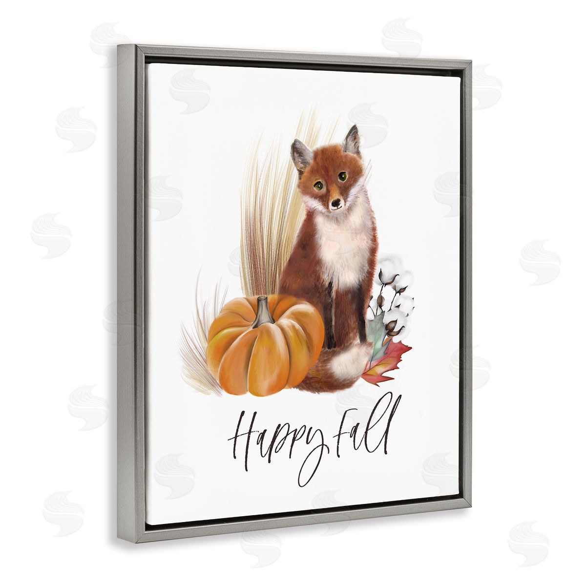 Studio Q Happy Fall Scenic Autumn Fox Pumpkin Botanicals  Gray Floating Frame Canvas Wall Art Print