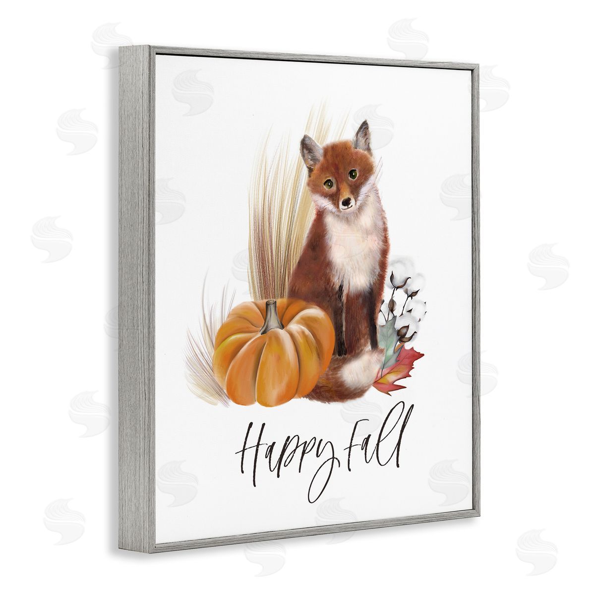 Studio Q Happy Fall Scenic Autumn Fox Pumpkin Botanicals  Gray Framed Giclee Wall Art Print