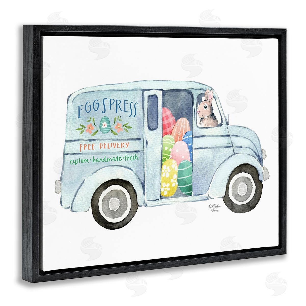 Heather Lee Chan Patterned Easter Eggs Truck Holiday Bunny Painting Black Floating Frame Canvas Wall Art Print