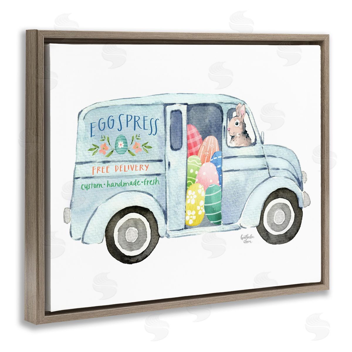 Heather Lee Chan Patterned Easter Eggs Truck Holiday Bunny Painting Brown Floating Frame Canvas Wall Art Print