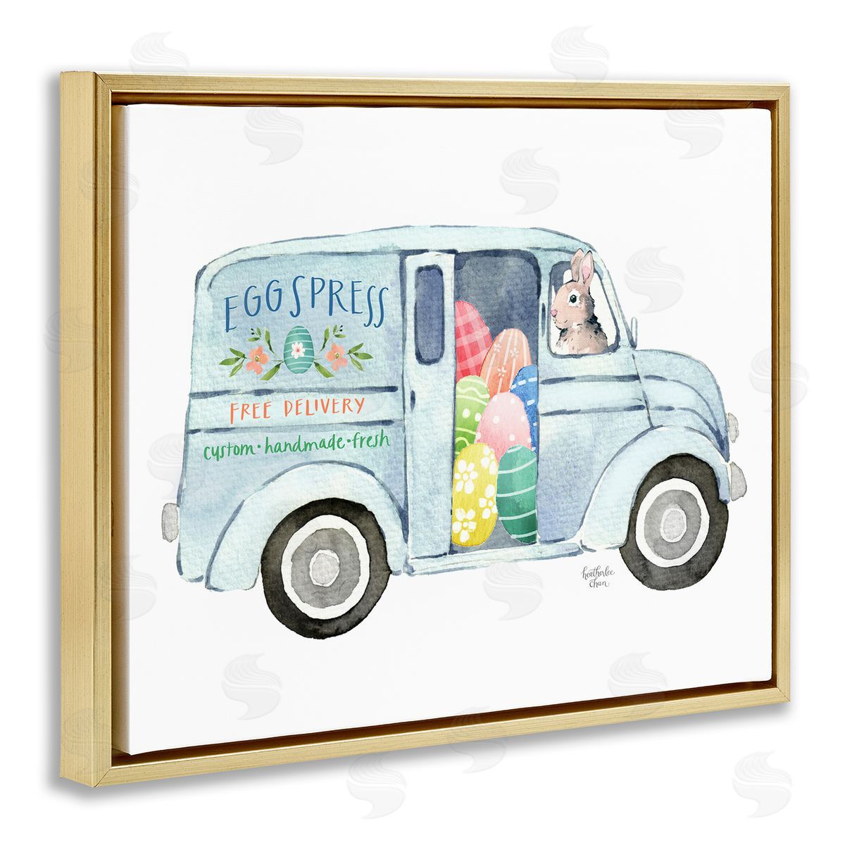 Heather Lee Chan Patterned Easter Eggs Truck Holiday Bunny Painting Gold Floating Frame Canvas Wall Art Print