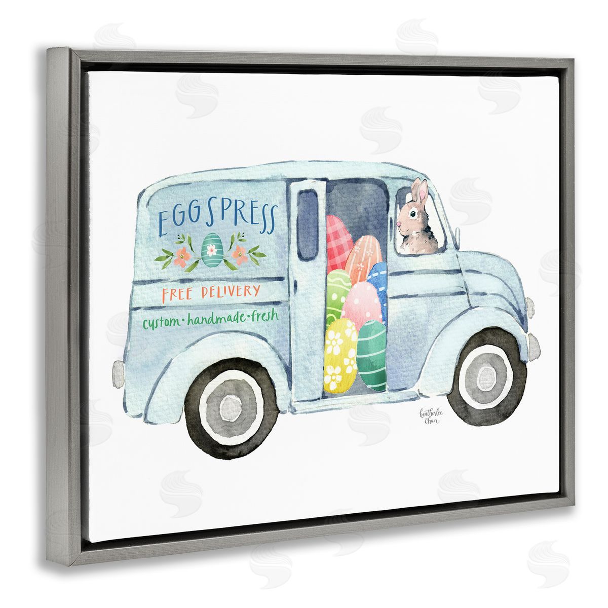 Heather Lee Chan Patterned Easter Eggs Truck Holiday Bunny Painting Gray Floating Frame Canvas Wall Art Print