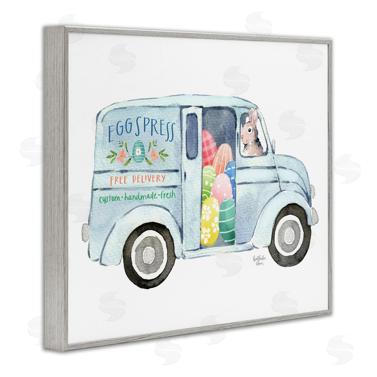 Heather Lee Chan Patterned Easter Eggs Truck Holiday Bunny Painting Gray Framed Giclee Wall Art Print