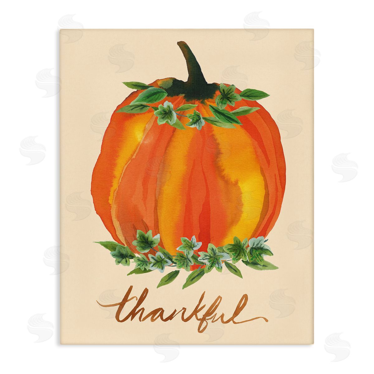Heather McLaughlin Thankful Orange Pumpkin Leaf Botanicals Autumn Plants Stretched Canvas Wall Art Print