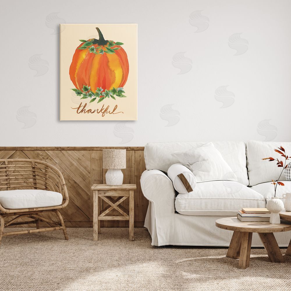 Heather McLaughlin Thankful Orange Pumpkin Leaf Botanicals Autumn Plants Canvas Wall Art Print in Room