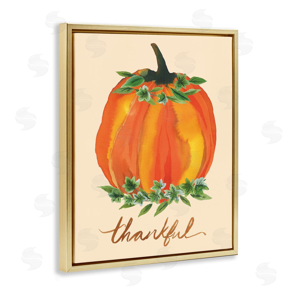 Heather McLaughlin Thankful Orange Pumpkin Leaf Botanicals Autumn Plants Gold Floating Frame Canvas Wall Art Print