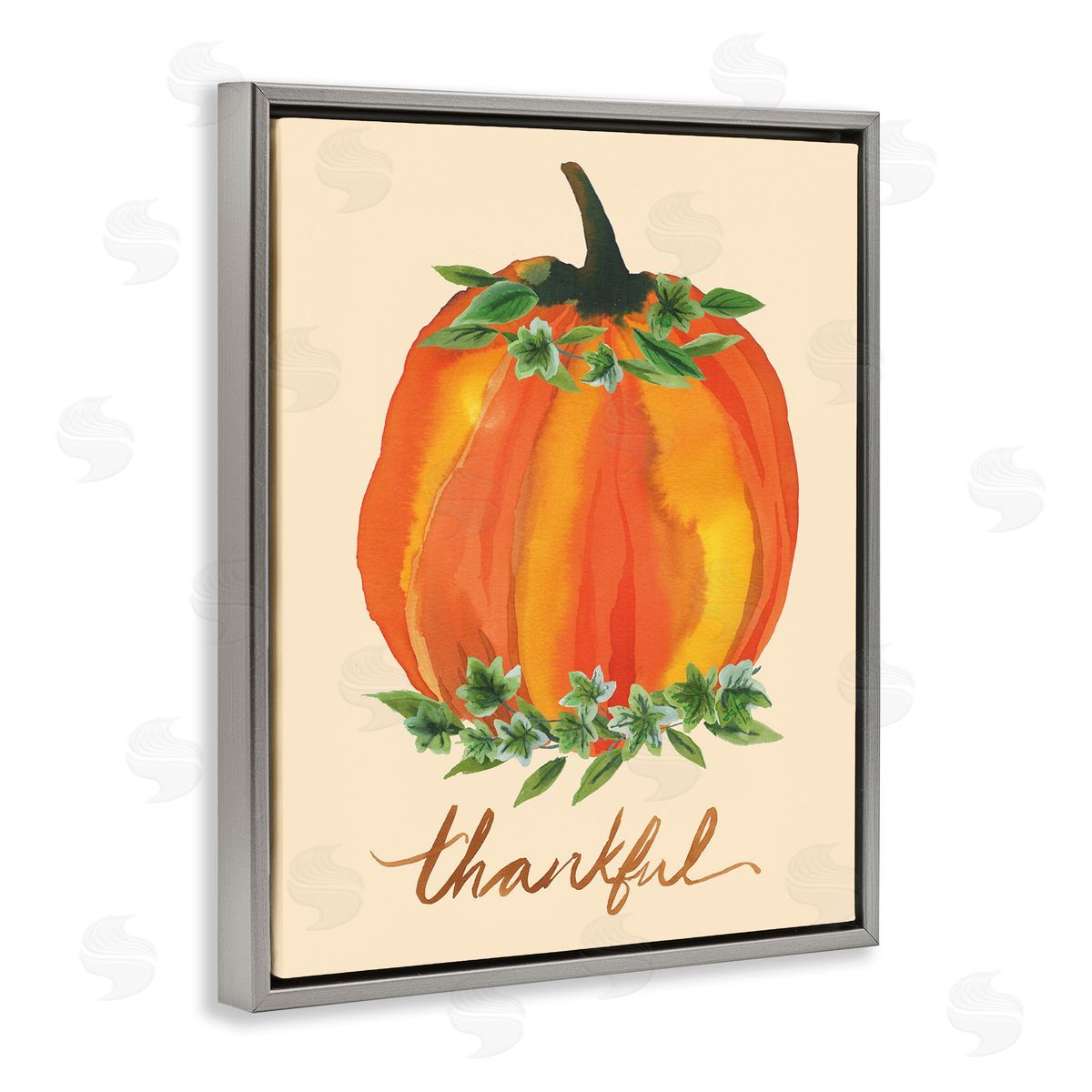 Heather McLaughlin Thankful Orange Pumpkin Leaf Botanicals Autumn Plants Gray Floating Frame Canvas Wall Art Print