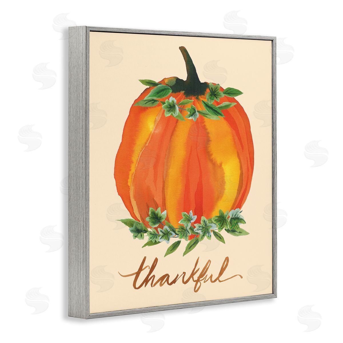 Heather McLaughlin Thankful Orange Pumpkin Leaf Botanicals Autumn Plants Gray Framed Giclee Wall Art Print