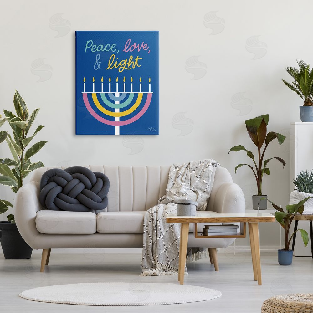 Jess Baskin Peace Love & Light Casual Holiday Hanukkah Menorah  Canvas Wall Art Print in Room