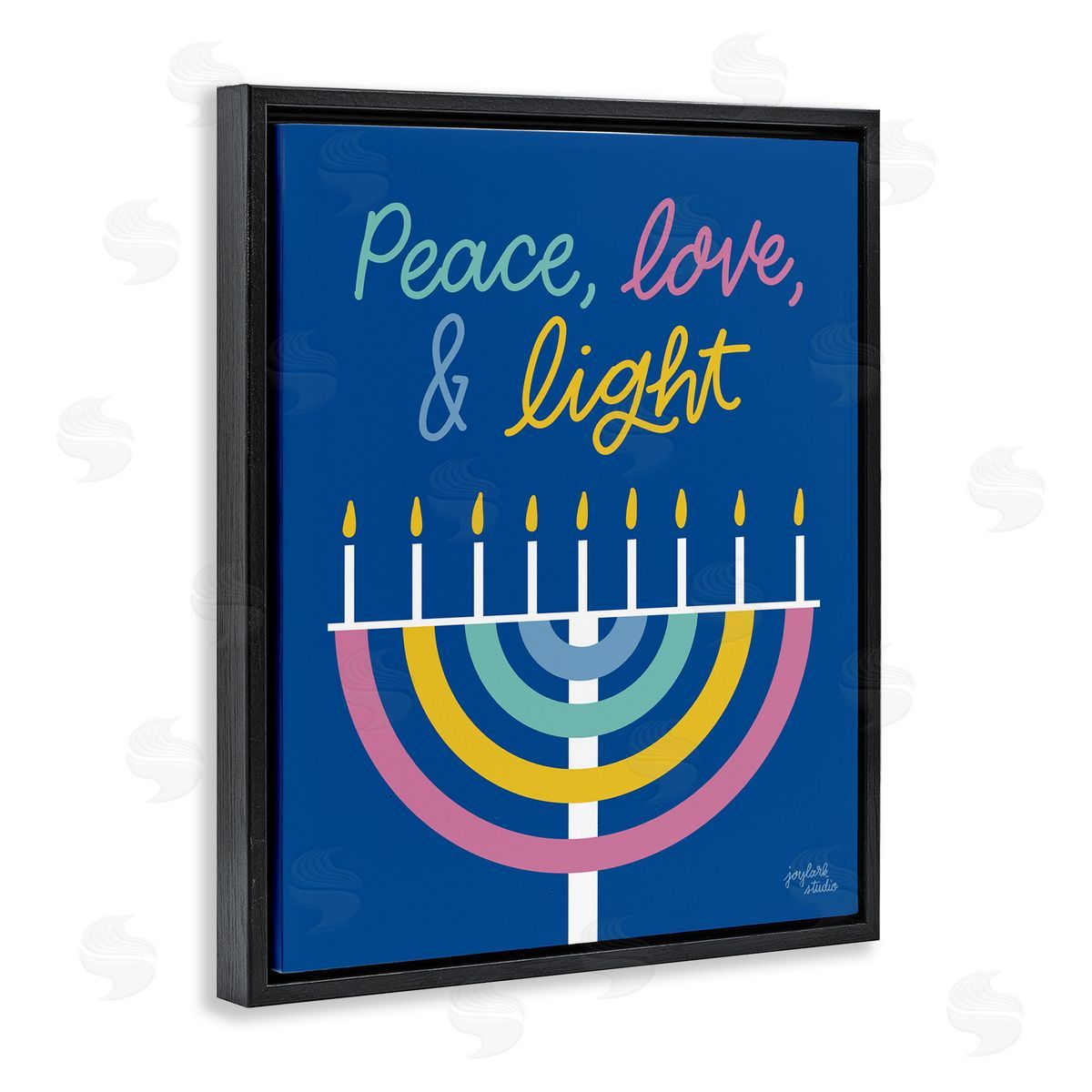 Jess Baskin Peace Love & Light Casual Holiday Hanukkah Menorah  Black Floating Frame Canvas Wall Art Print