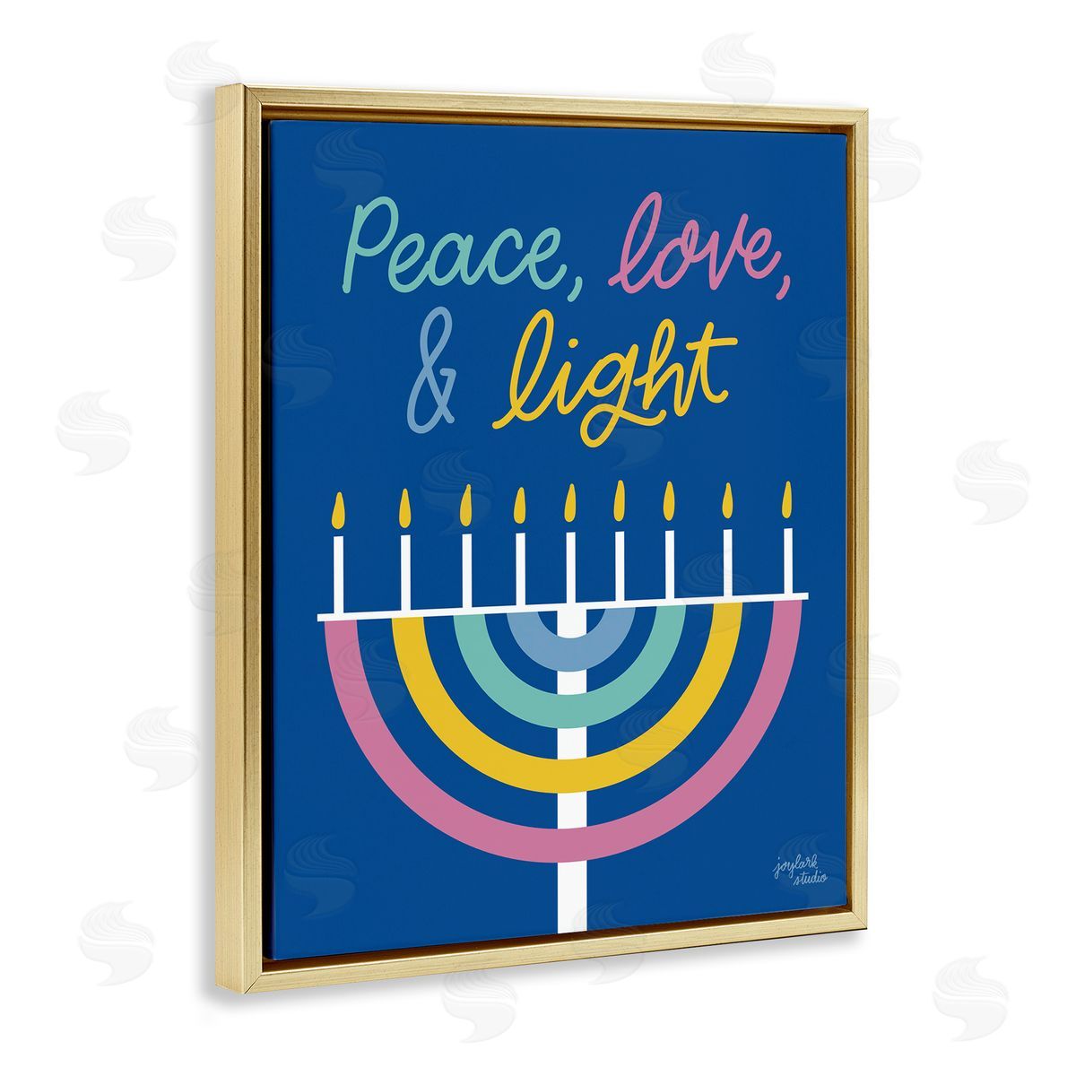 Jess Baskin Peace Love & Light Casual Holiday Hanukkah Menorah  Gold Floating Frame Canvas Wall Art Print