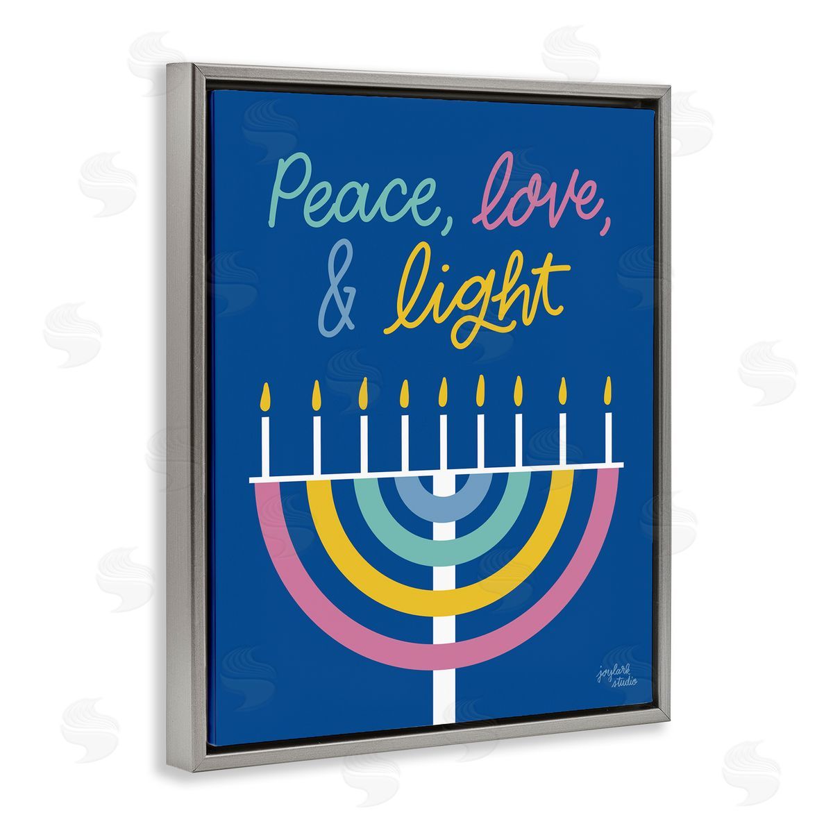 Jess Baskin Peace Love & Light Casual Holiday Hanukkah Menorah  Gray Floating Frame Canvas Wall Art Print