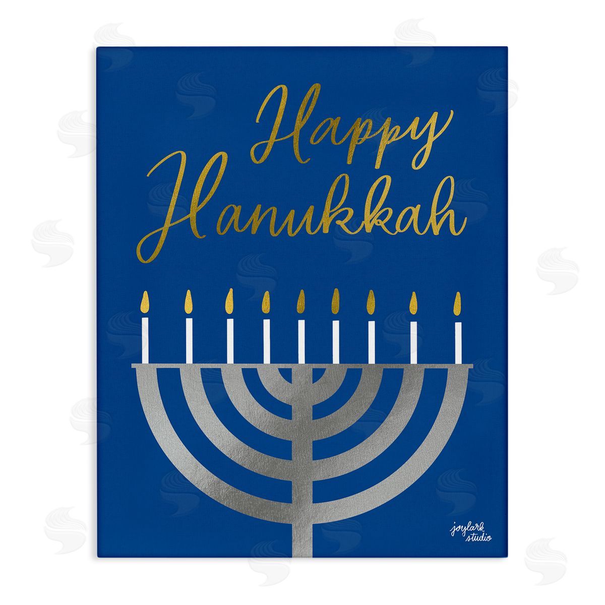 Jess Baskin Happy Hanukkah Calligraphy Radiant Lit Candles Menorah  Stretched Canvas Wall Art Print
