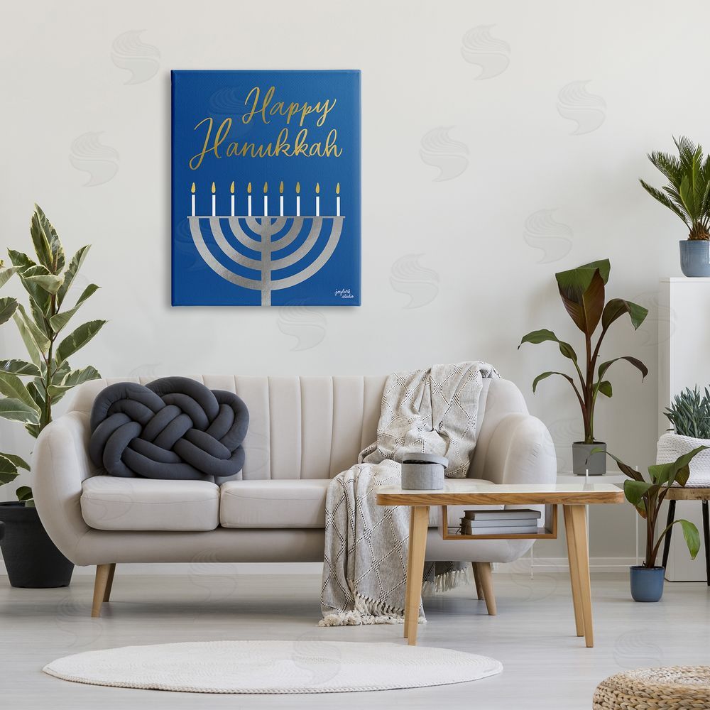 Jess Baskin Happy Hanukkah Calligraphy Radiant Lit Candles Menorah  Canvas Wall Art Print in Room