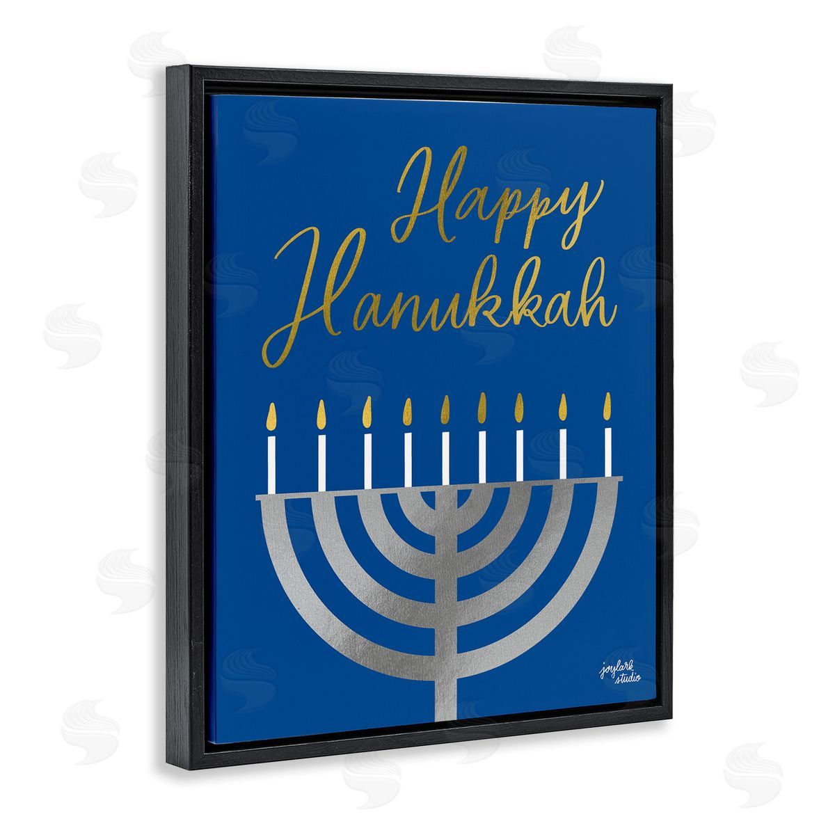 Jess Baskin Happy Hanukkah Calligraphy Radiant Lit Candles Menorah  Black Floating Frame Canvas Wall Art Print