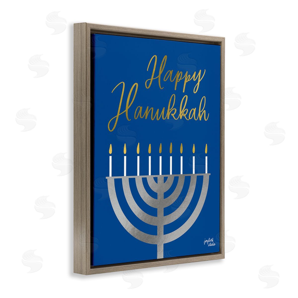 Jess Baskin Happy Hanukkah Calligraphy Radiant Lit Candles Menorah  Brown Floating Frame Canvas Wall Art Print