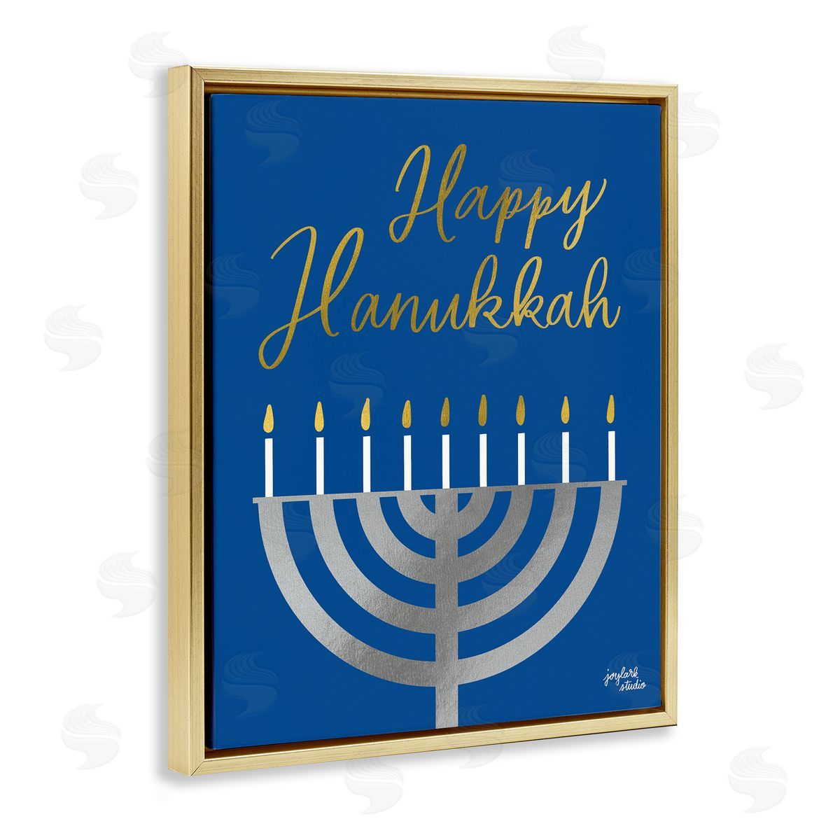 Jess Baskin Happy Hanukkah Calligraphy Radiant Lit Candles Menorah  Gold Floating Frame Canvas Wall Art Print