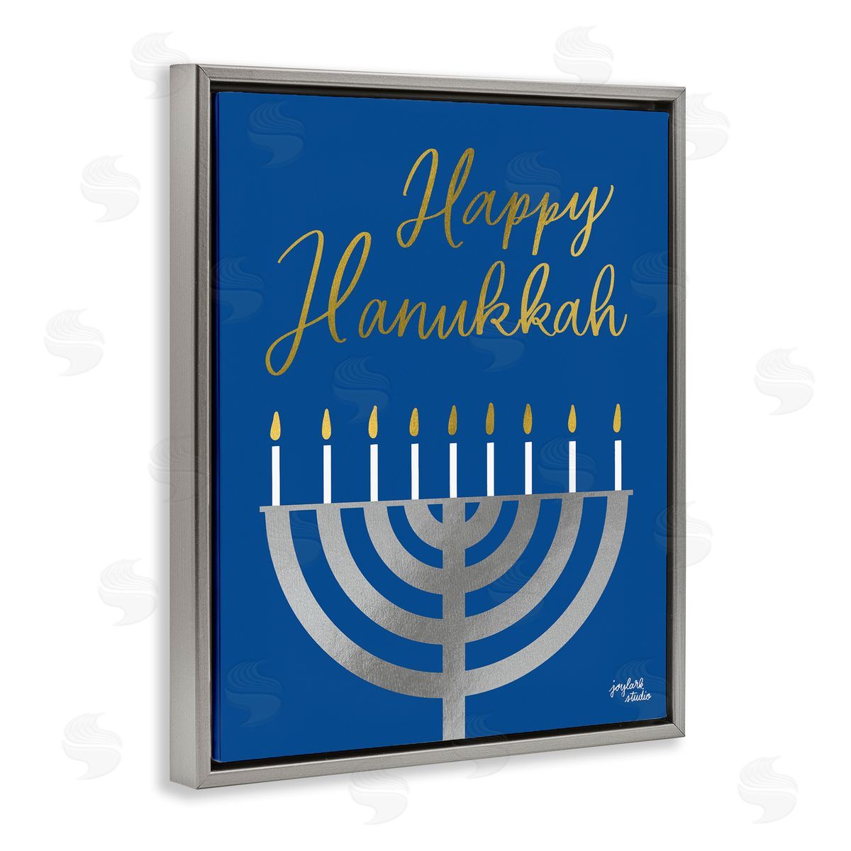 Jess Baskin Happy Hanukkah Calligraphy Radiant Lit Candles Menorah  Gray Floating Frame Canvas Wall Art Print