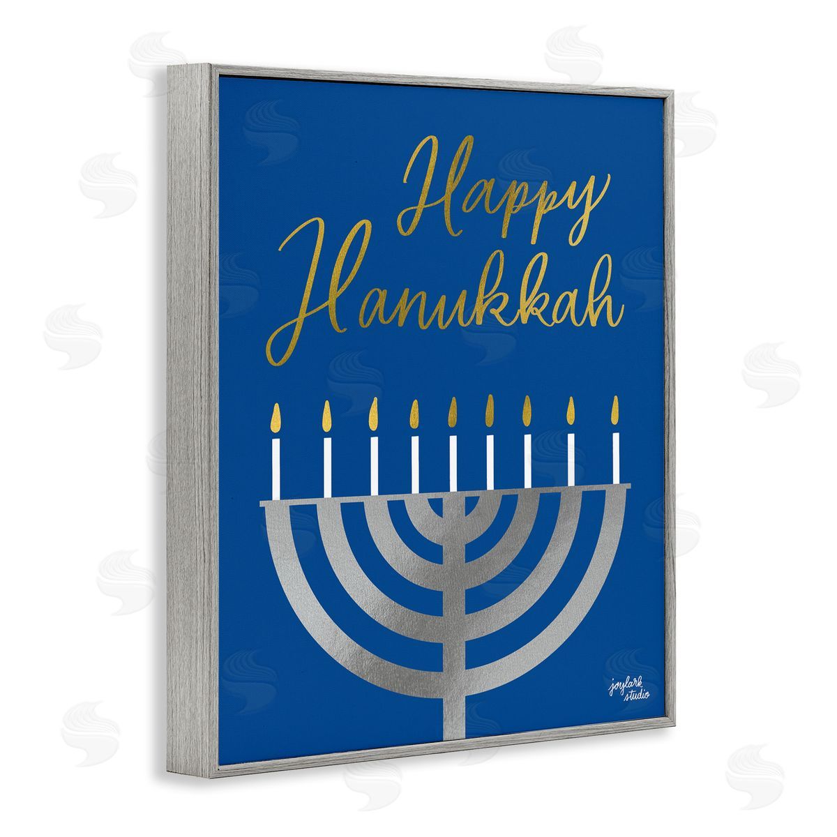 Jess Baskin Happy Hanukkah Calligraphy Radiant Lit Candles Menorah  Gray Framed Giclee Wall Art Print