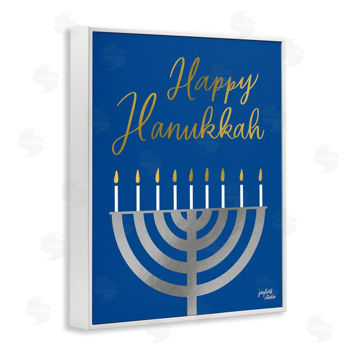 Jess Baskin Happy Hanukkah Calligraphy Radiant Lit Candles Menorah  White Framed Giclee Wall Art Print