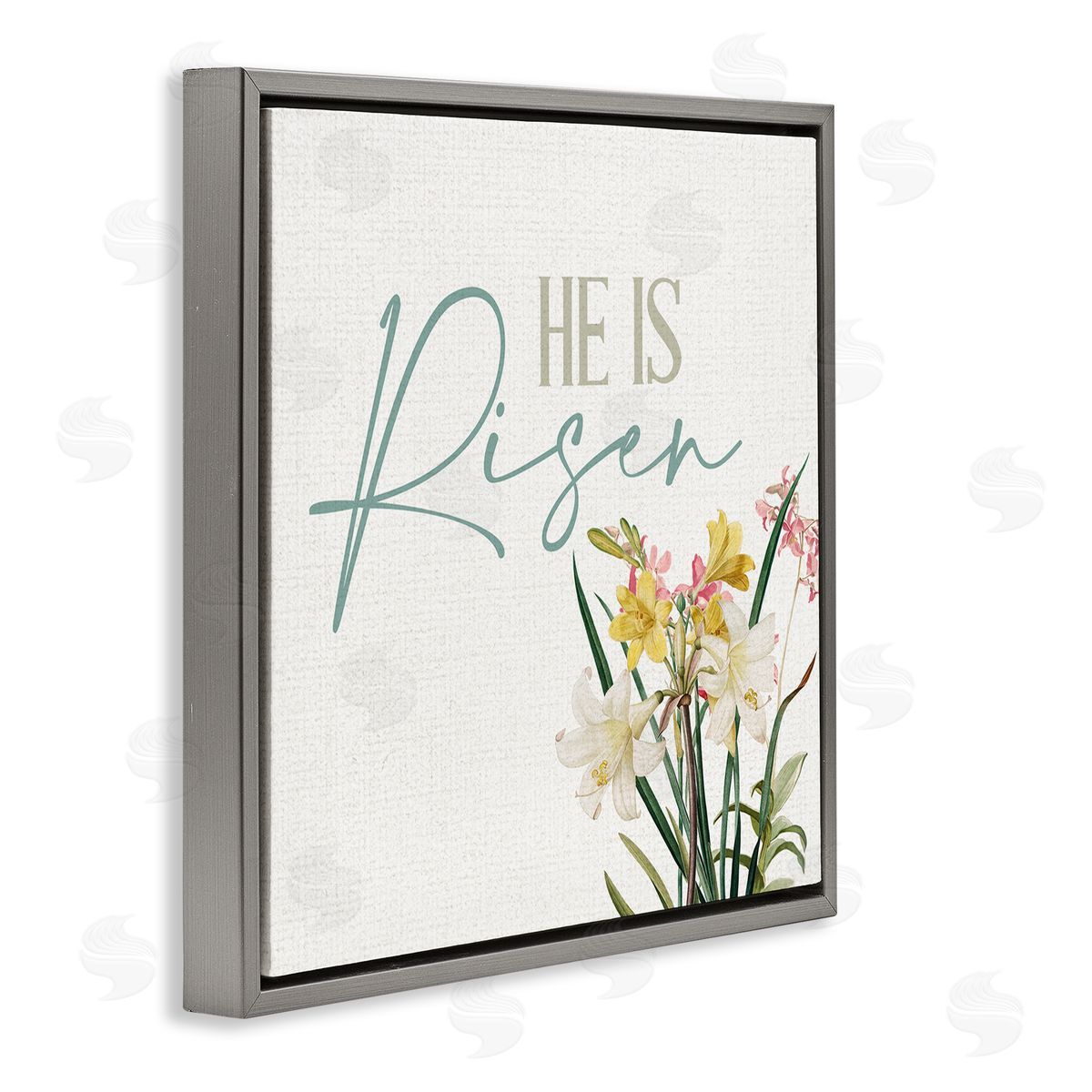 Kim Allen He Is Risen Religious Easter Holiday Flower Blossoms  Gray Floating Frame Canvas Wall Art Print