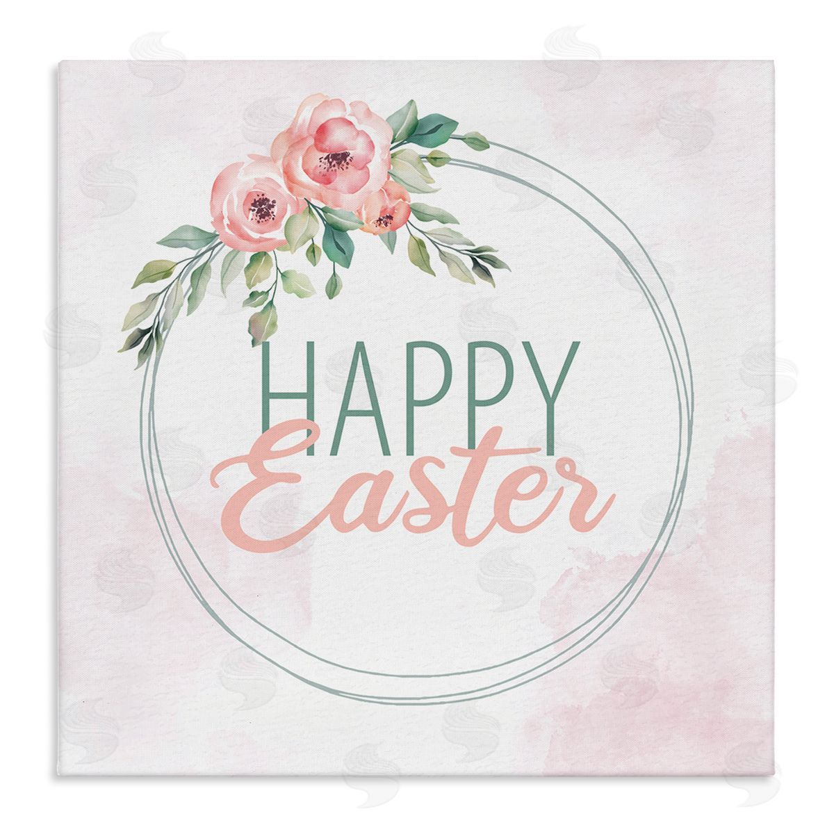 Kim Allen Happy Easter Round Floral Border Pastel Pink Design Stretched Canvas Wall Art Print