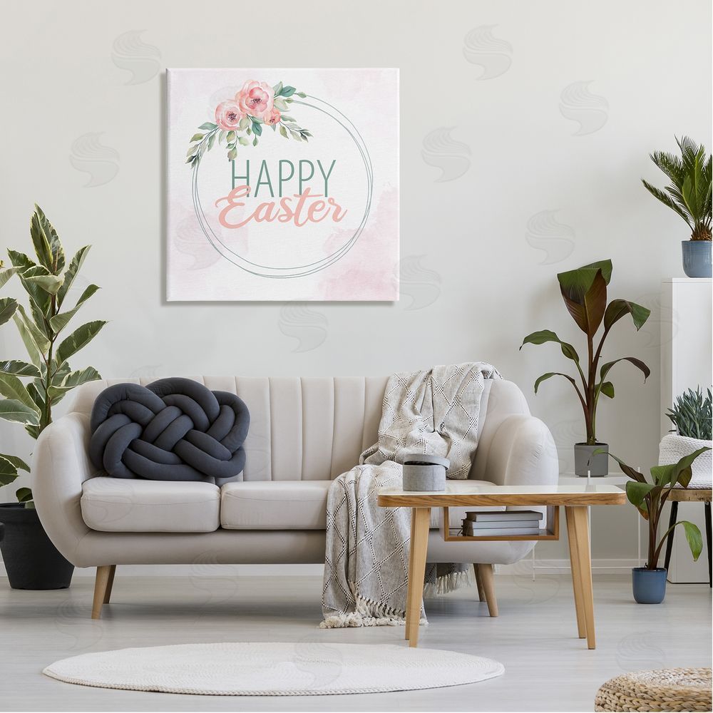 Kim Allen Happy Easter Round Floral Border Pastel Pink Design Canvas Wall Art in Room