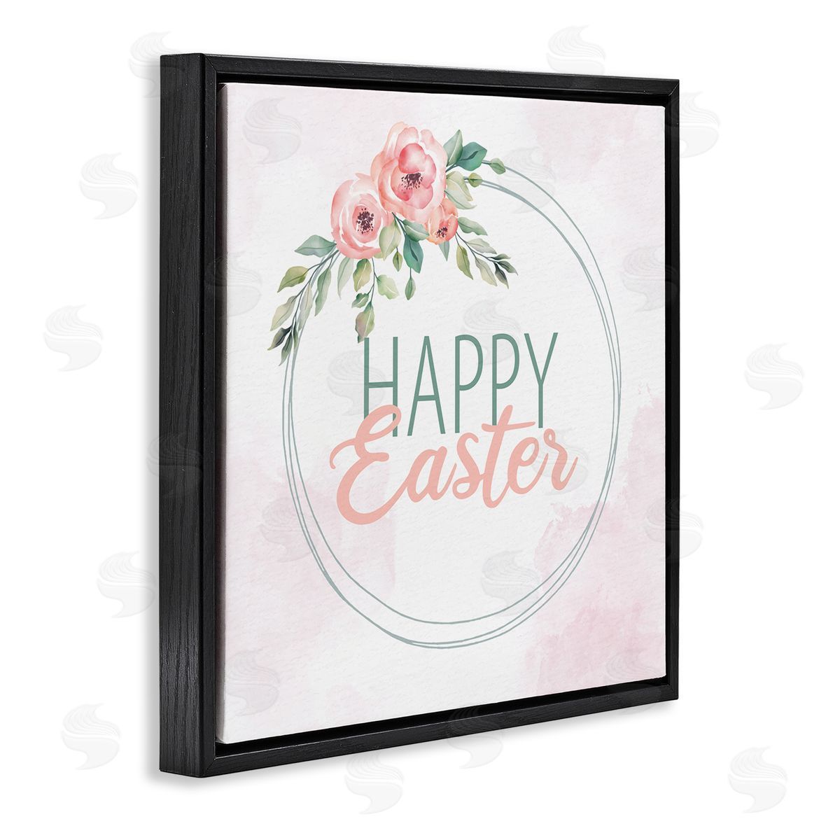 Kim Allen Happy Easter Round Floral Border Pastel Pink Design Black Floating Frame Canvas Wall Art Print