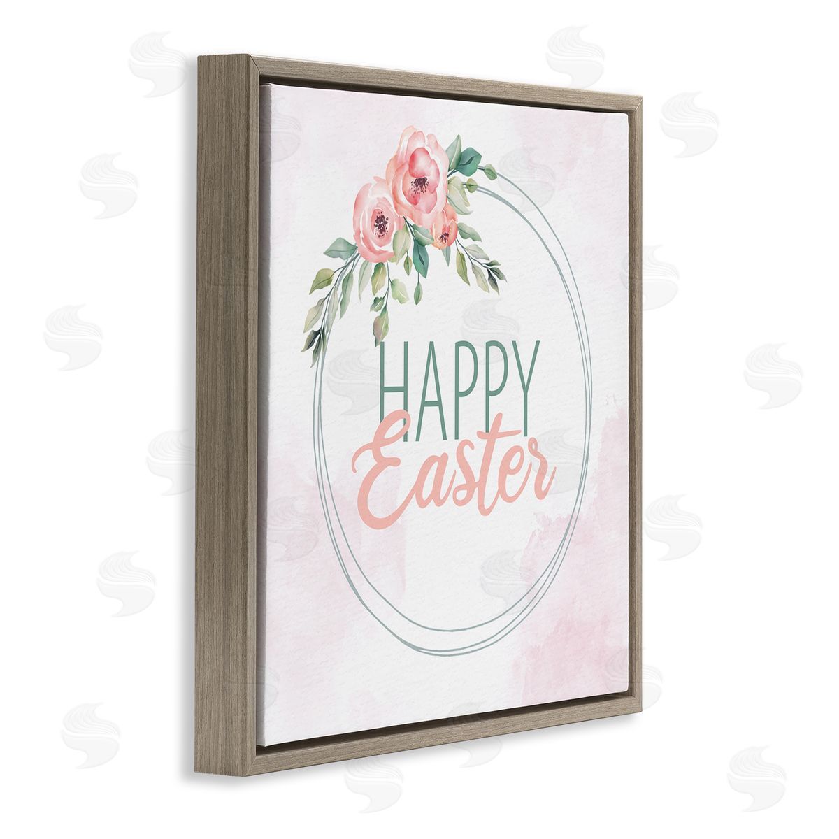 Kim Allen Happy Easter Round Floral Border Pastel Pink Design Brown Floating Frame Canvas Wall Art Print