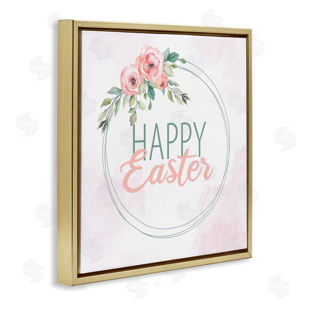 Kim Allen Happy Easter Round Floral Border Pastel Pink Design Gold Floating Frame Canvas Wall Art Print